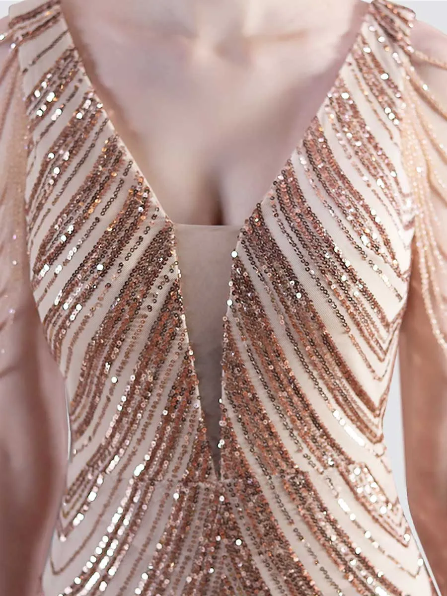 [Final Sale] Champagne Gold Beading Sleeves V-Neck Sequin Mermaid Gown