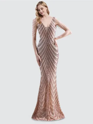 [Final Sale] Champagne Gold Beading Sleeves V-Neck Sequin Mermaid Gown