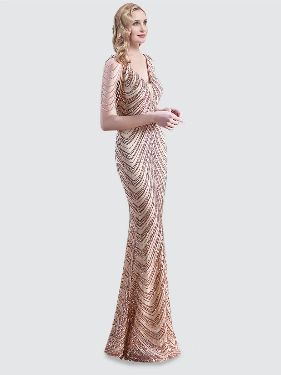 [Final Sale] Champagne Gold Beading Sleeves V-Neck Sequin Mermaid Gown