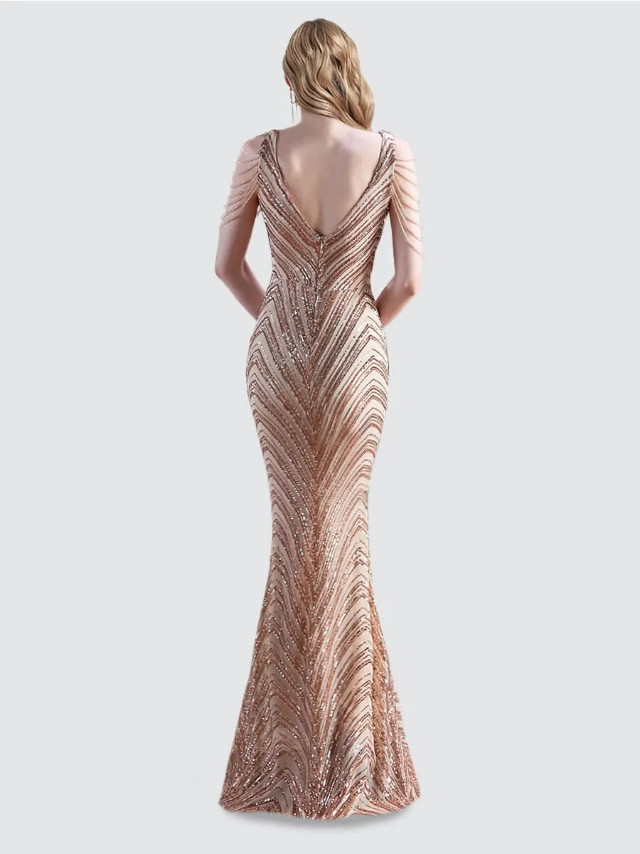 [Final Sale] Champagne Gold Beading Sleeves V-Neck Sequin Mermaid Gown