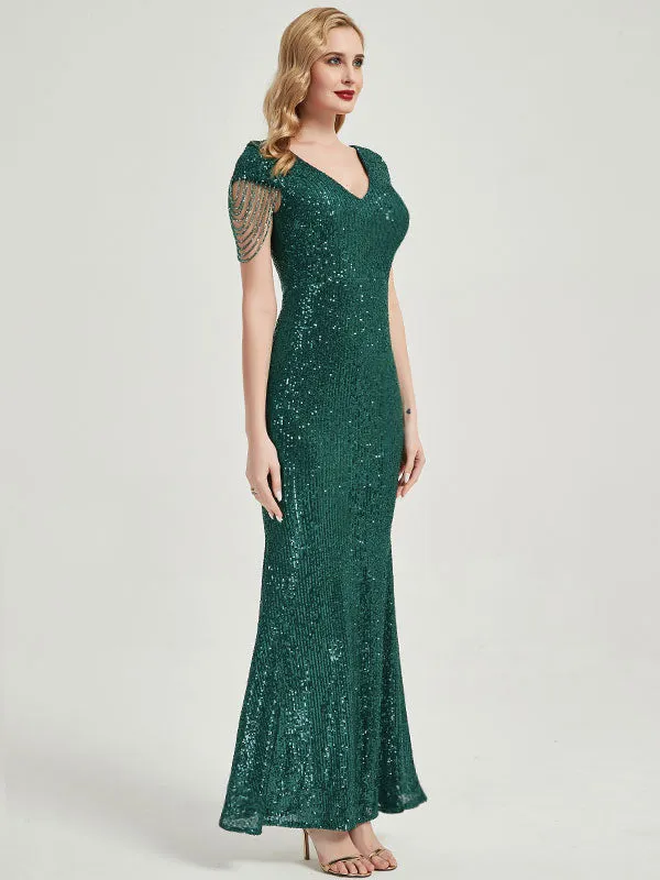 [Final Sale] Emerald Green Beading Sleeves Sequin Mermaid Formal Gown