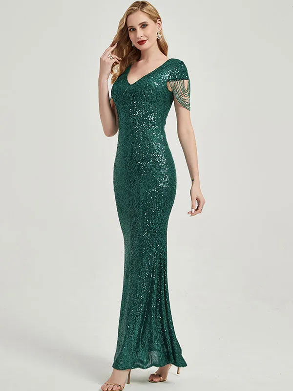 [Final Sale] Emerald Green Beading Sleeves Sequin Mermaid Formal Gown