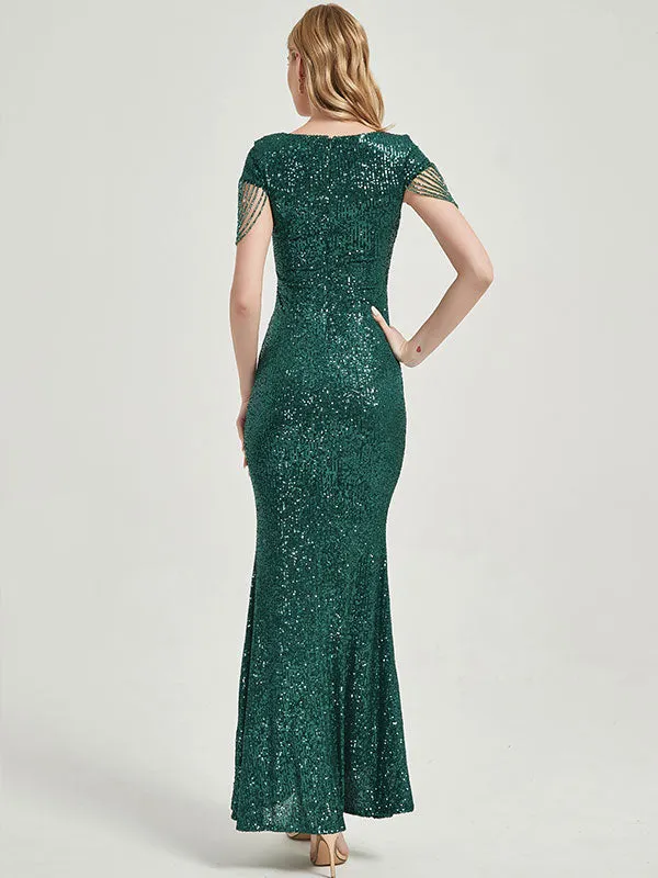[Final Sale] Emerald Green Beading Sleeves Sequin Mermaid Formal Gown