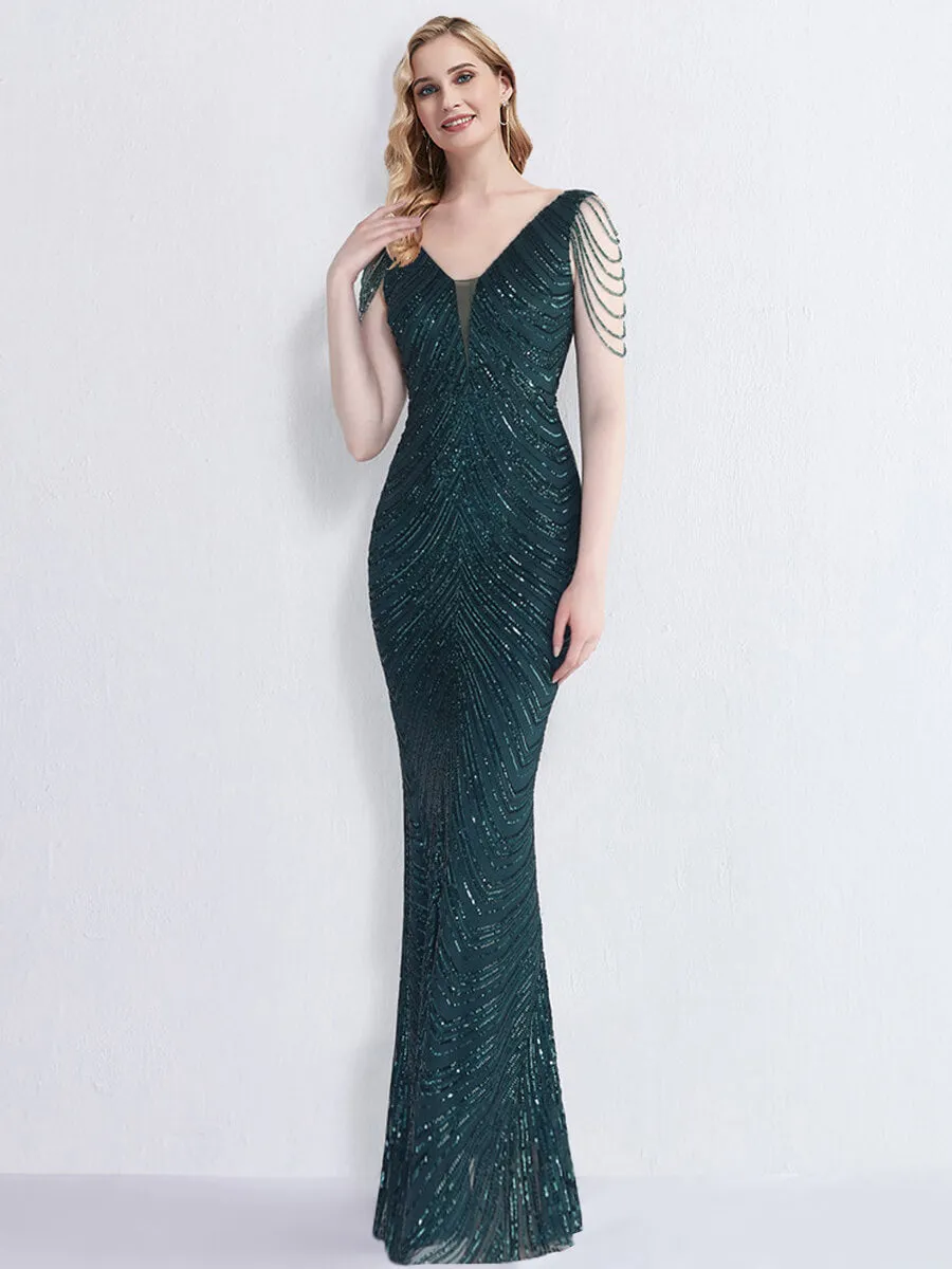 [Final Sale] Emerald Green Beading Sleeves V-Neck Sequin Mermaid Gown