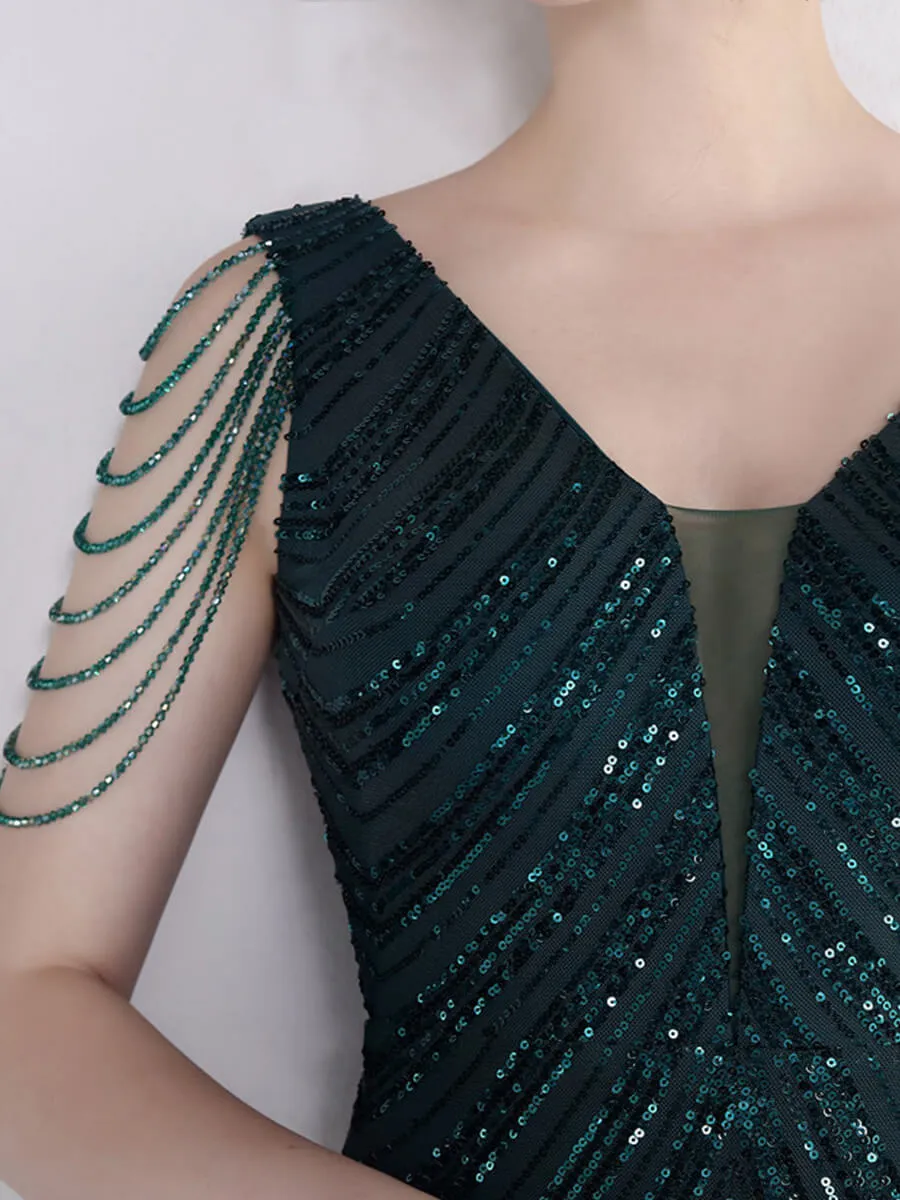 [Final Sale] Emerald Green Beading Sleeves V-Neck Sequin Mermaid Gown