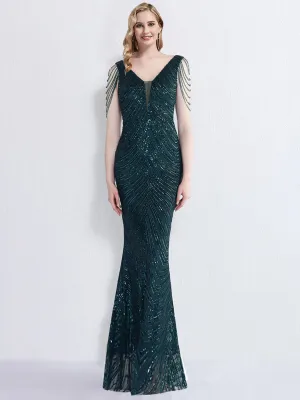 [Final Sale] Emerald Green Beading Sleeves V-Neck Sequin Mermaid Gown