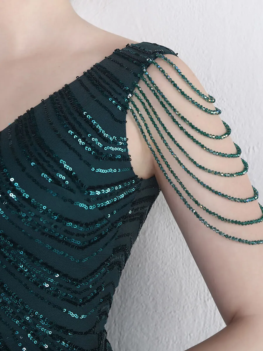 [Final Sale] Emerald Green Beading Sleeves V-Neck Sequin Mermaid Gown