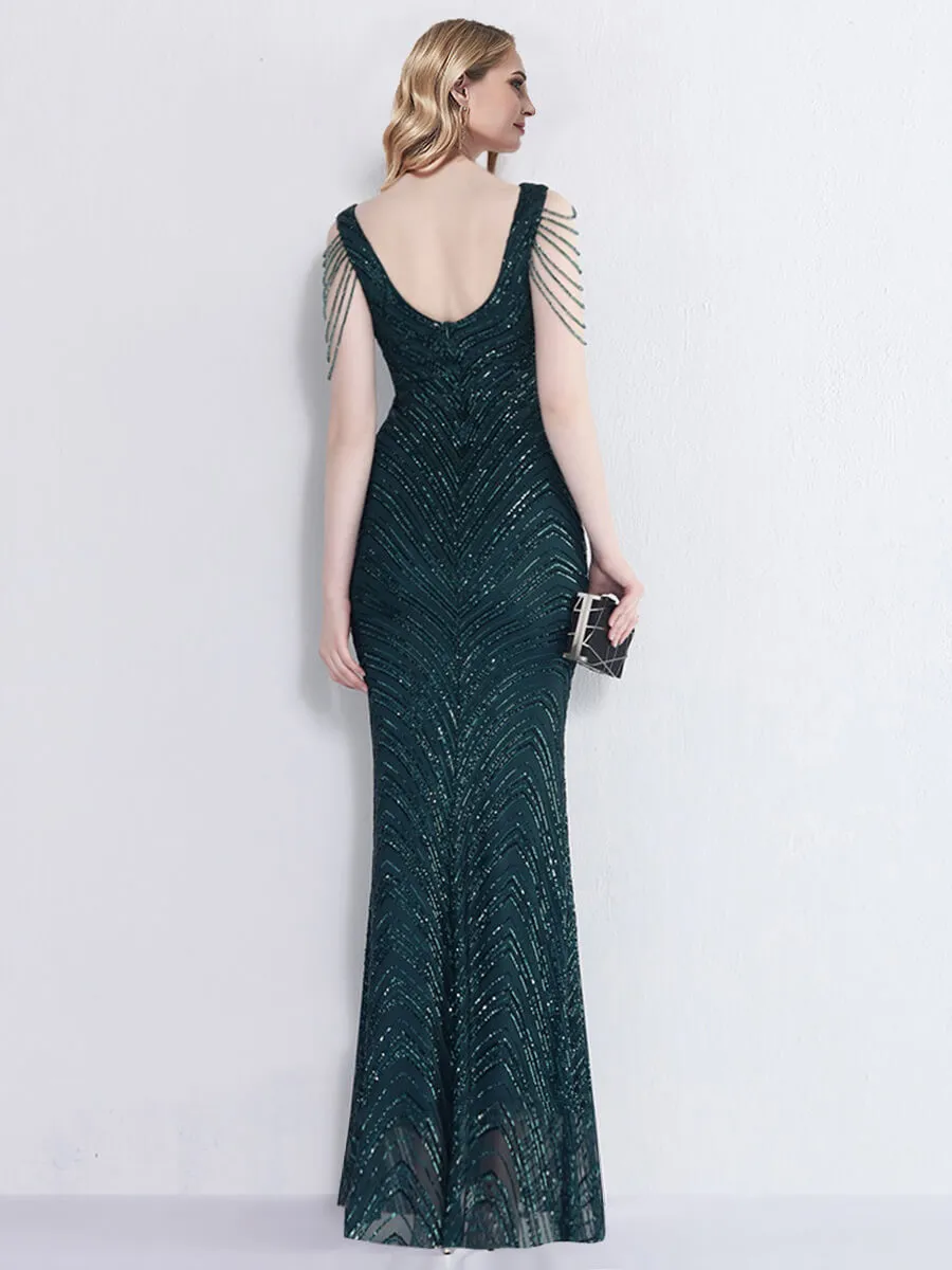 [Final Sale] Emerald Green Beading Sleeves V-Neck Sequin Mermaid Gown