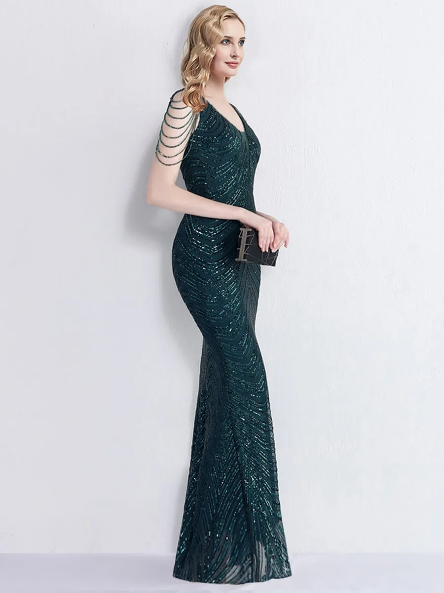 [Final Sale] Emerald Green Beading Sleeves V-Neck Sequin Mermaid Gown