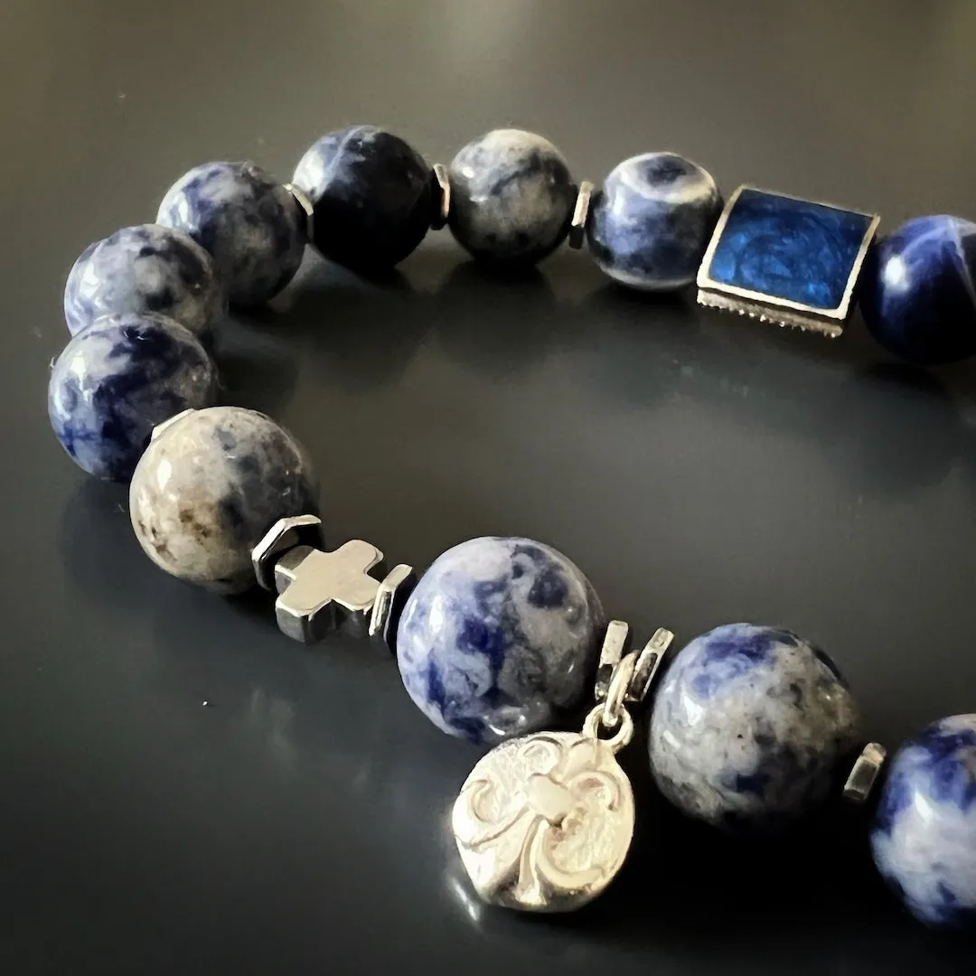 Fleur De Lis Charm Sodalite Stone Beaded Bracelet