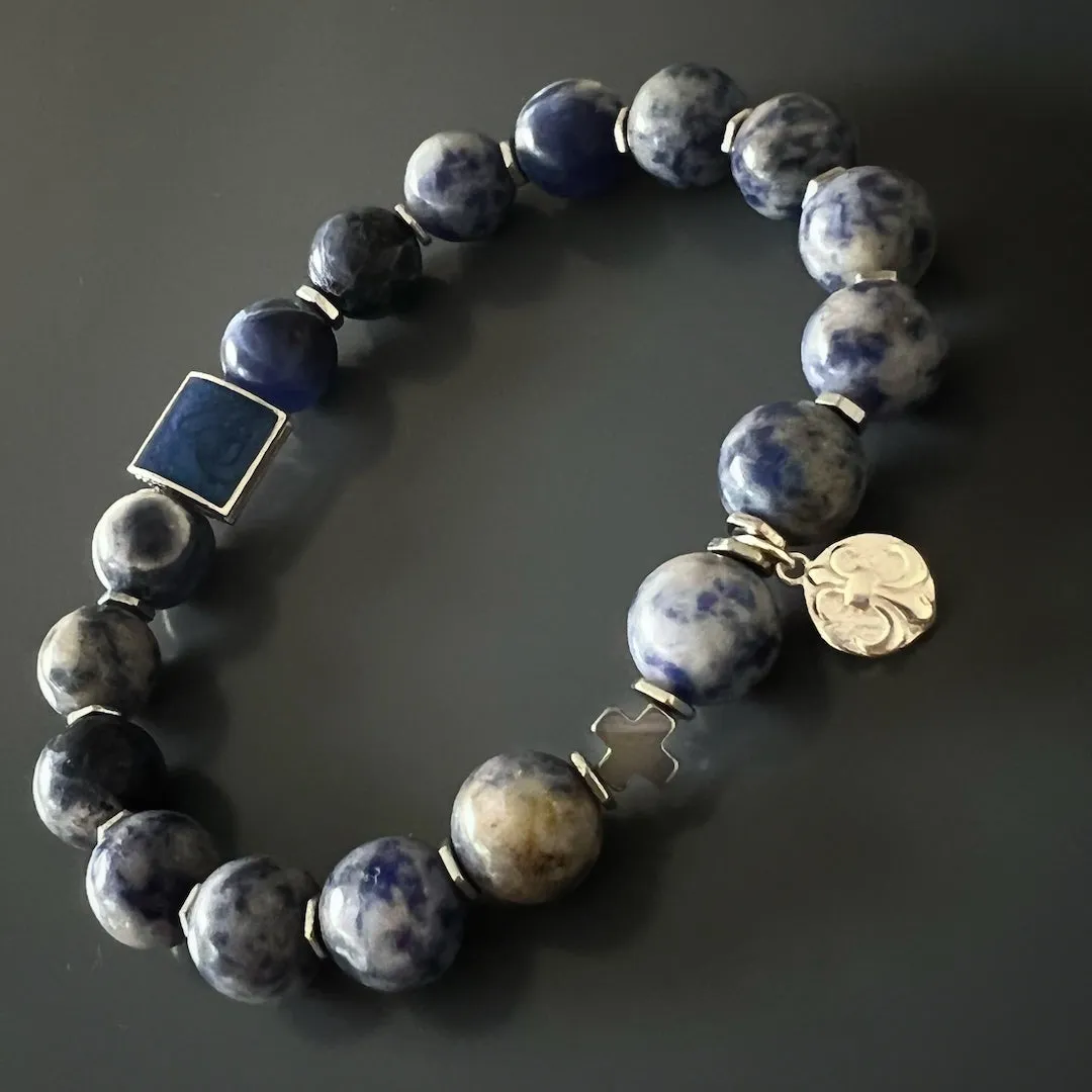 Fleur De Lis Charm Sodalite Stone Beaded Bracelet