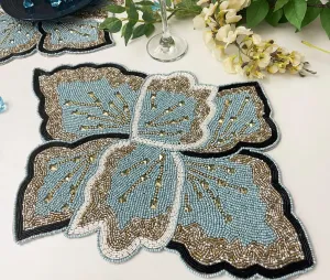 Floral Leaf Beaded Placemat - Blue and Gold - Set of 2