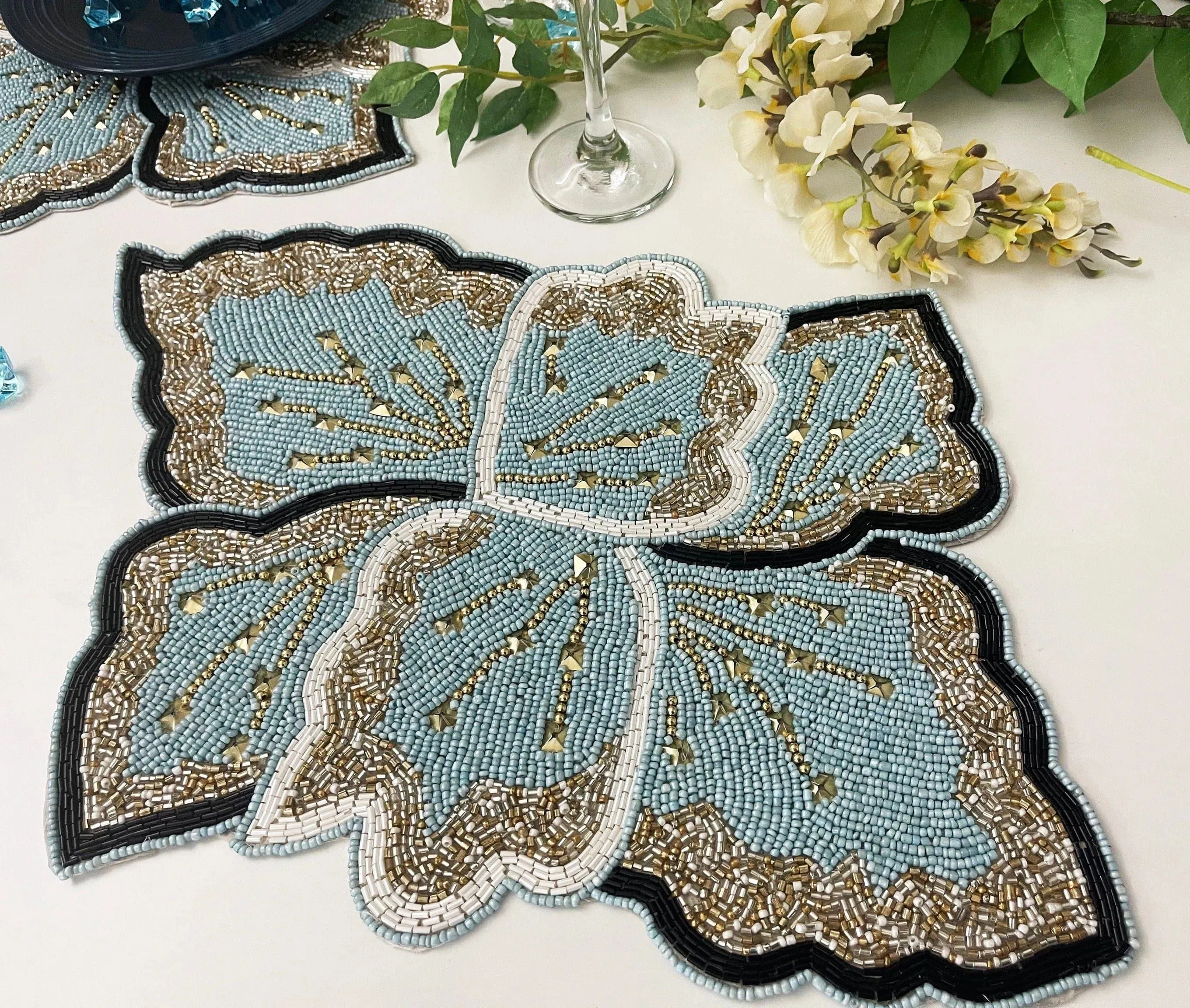 Floral Leaf Beaded Placemat - Blue and Gold - Set of 2