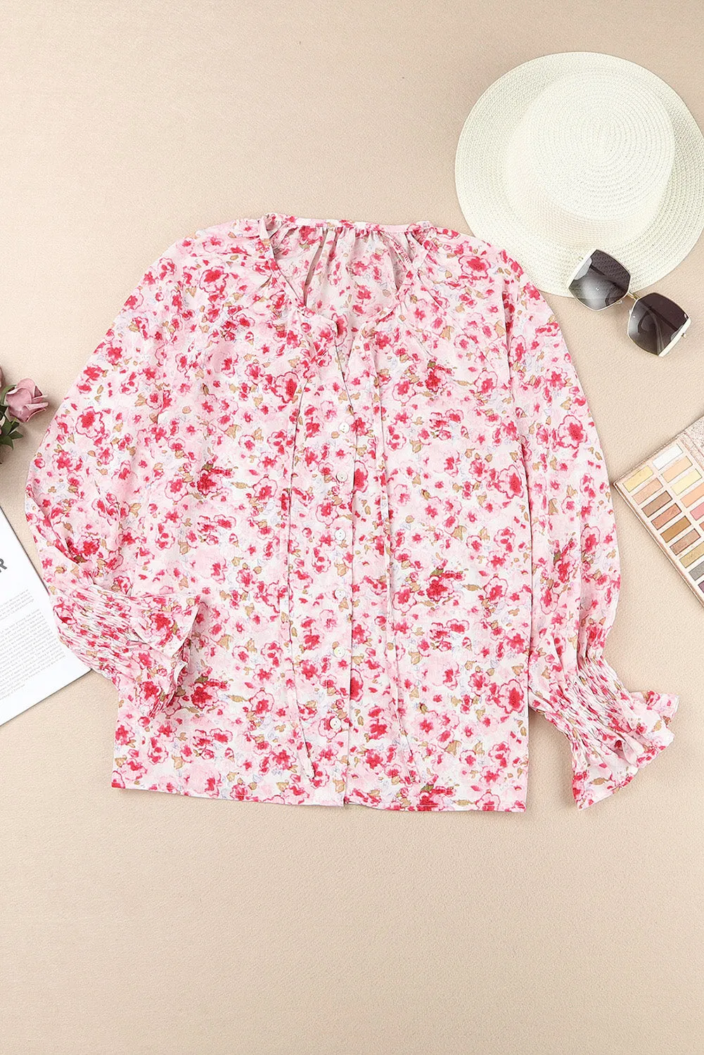Floral Print Tie V Neck Button Up Blouse