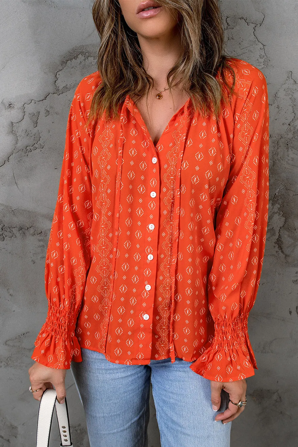 Floral Print Tie V Neck Button Up Blouse