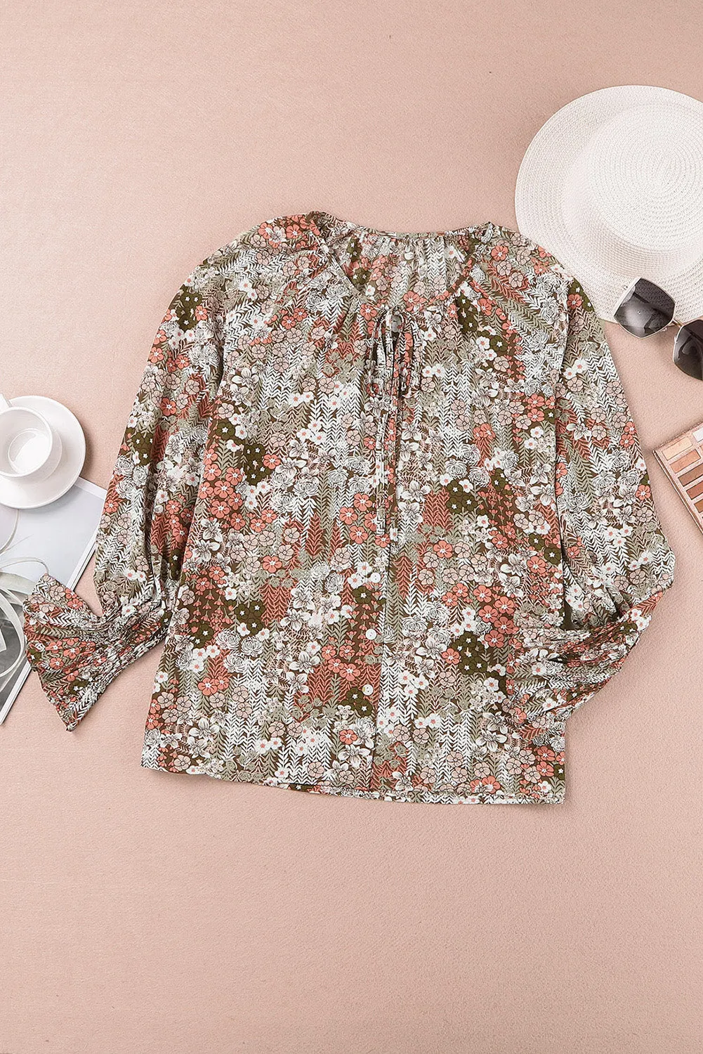 Floral Print Tie V Neck Button Up Blouse