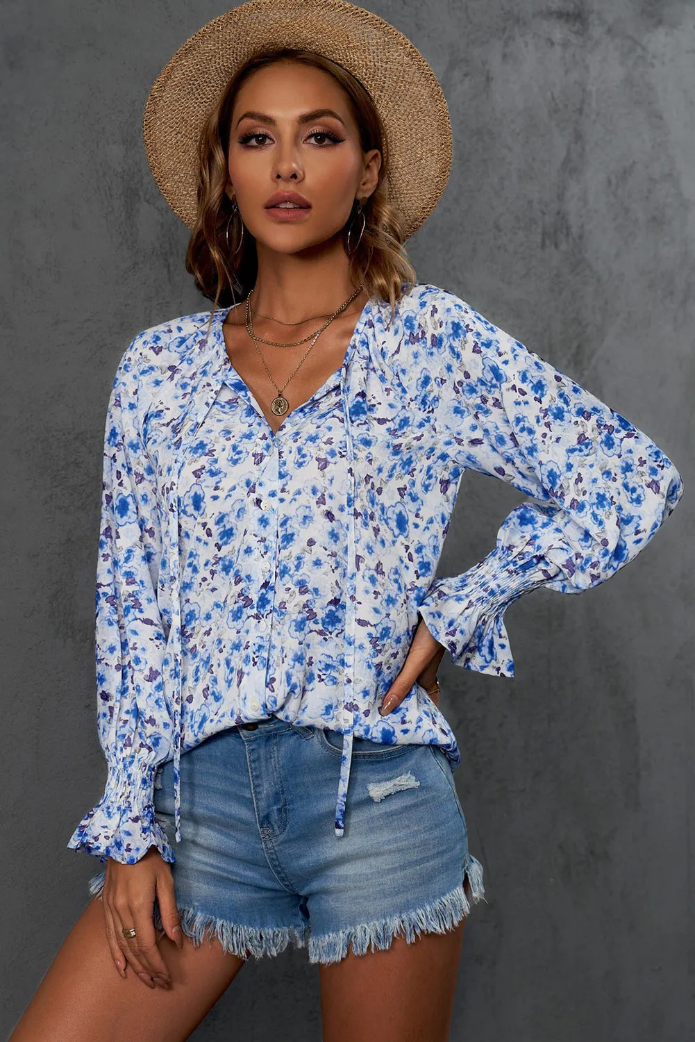 Floral Print Tie V Neck Button Up Blouse