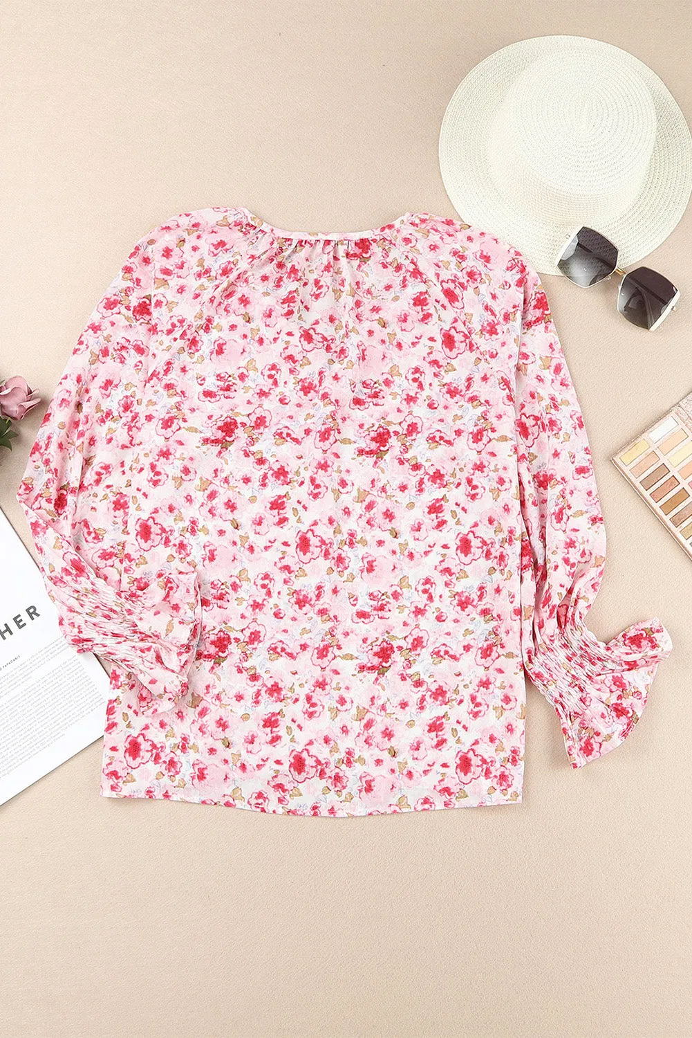 Floral Print Tie V Neck Button Up Blouse