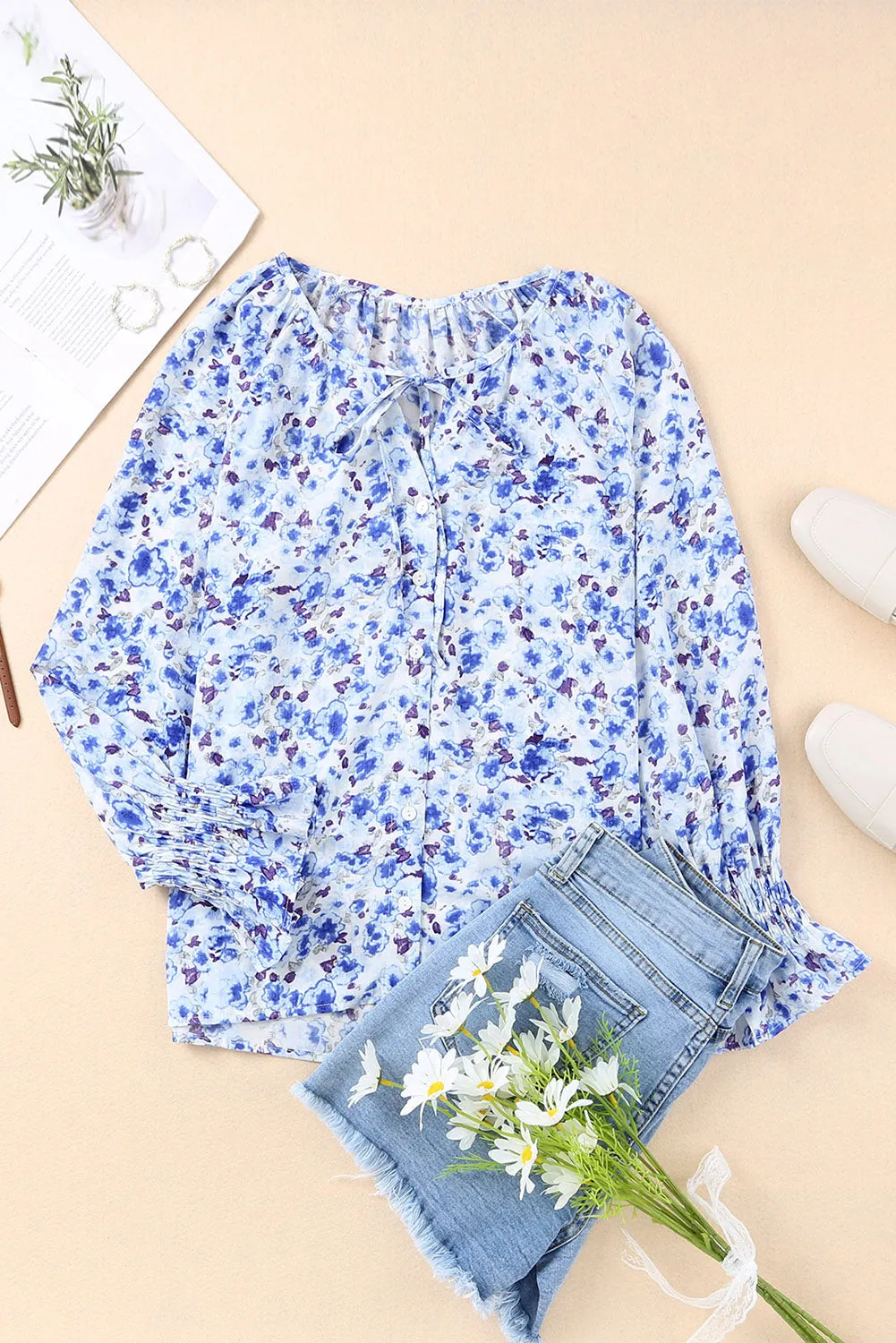Floral Print Tie V Neck Button Up Blouse