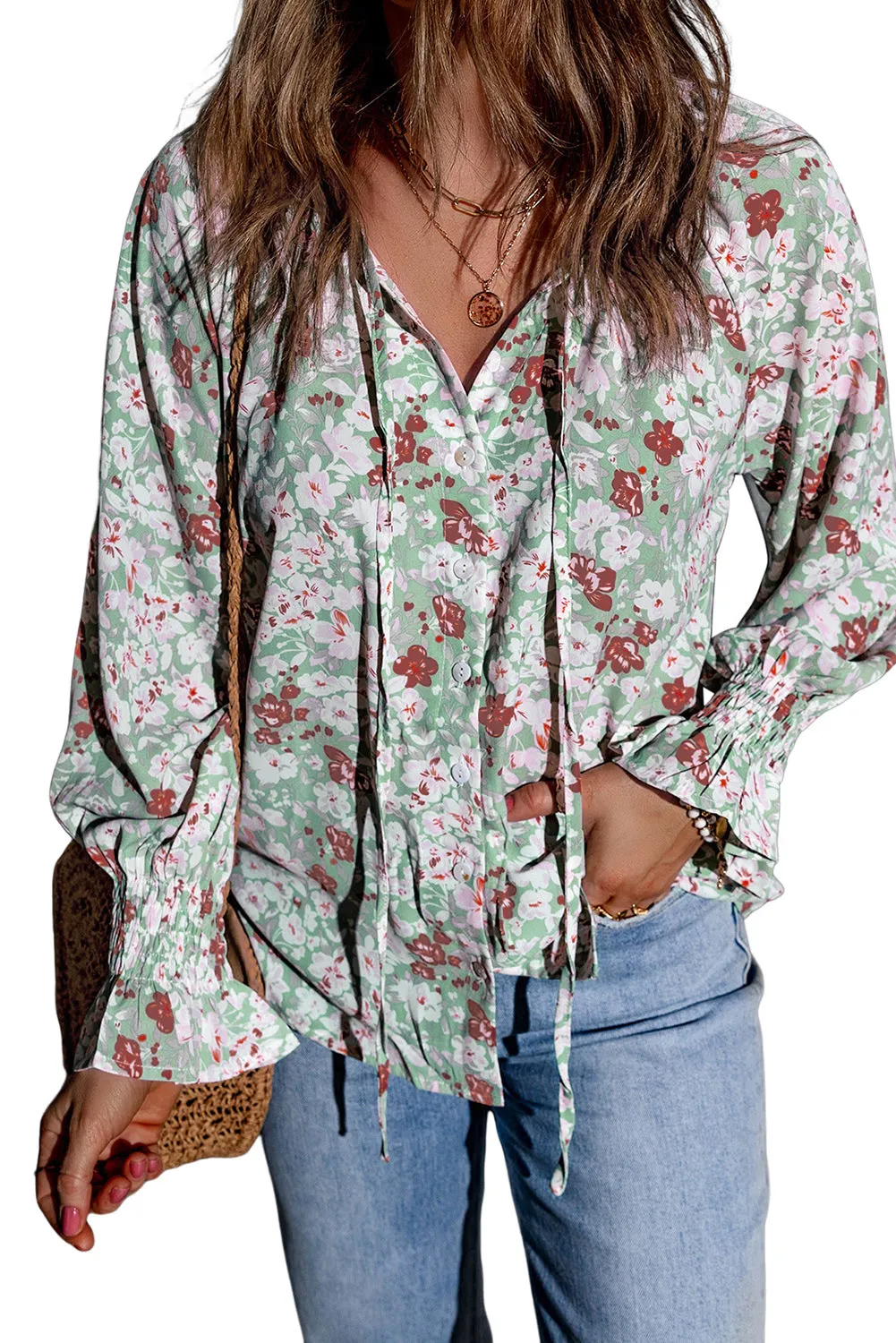 Floral Print Tie V Neck Button Up Blouse