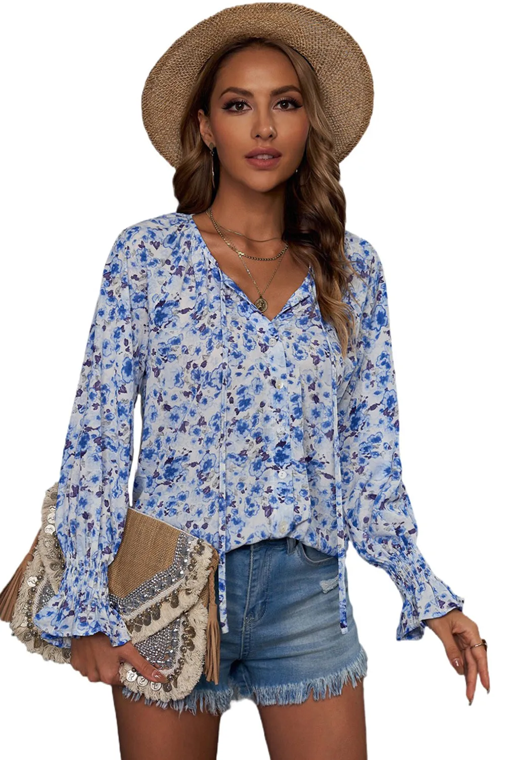 Floral Print Tie V Neck Button Up Blouse