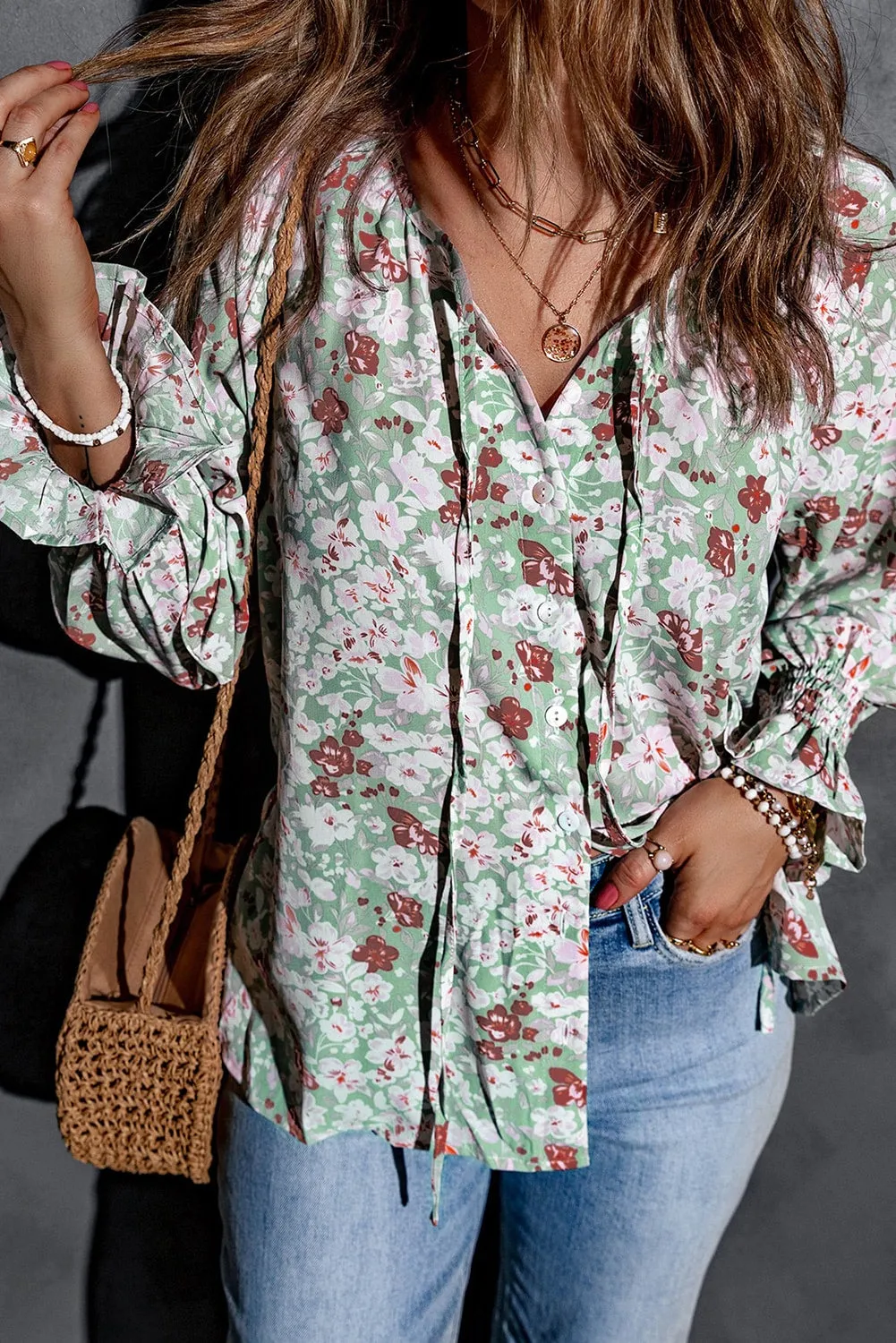 Floral Print Tie V Neck Button Up Blouse