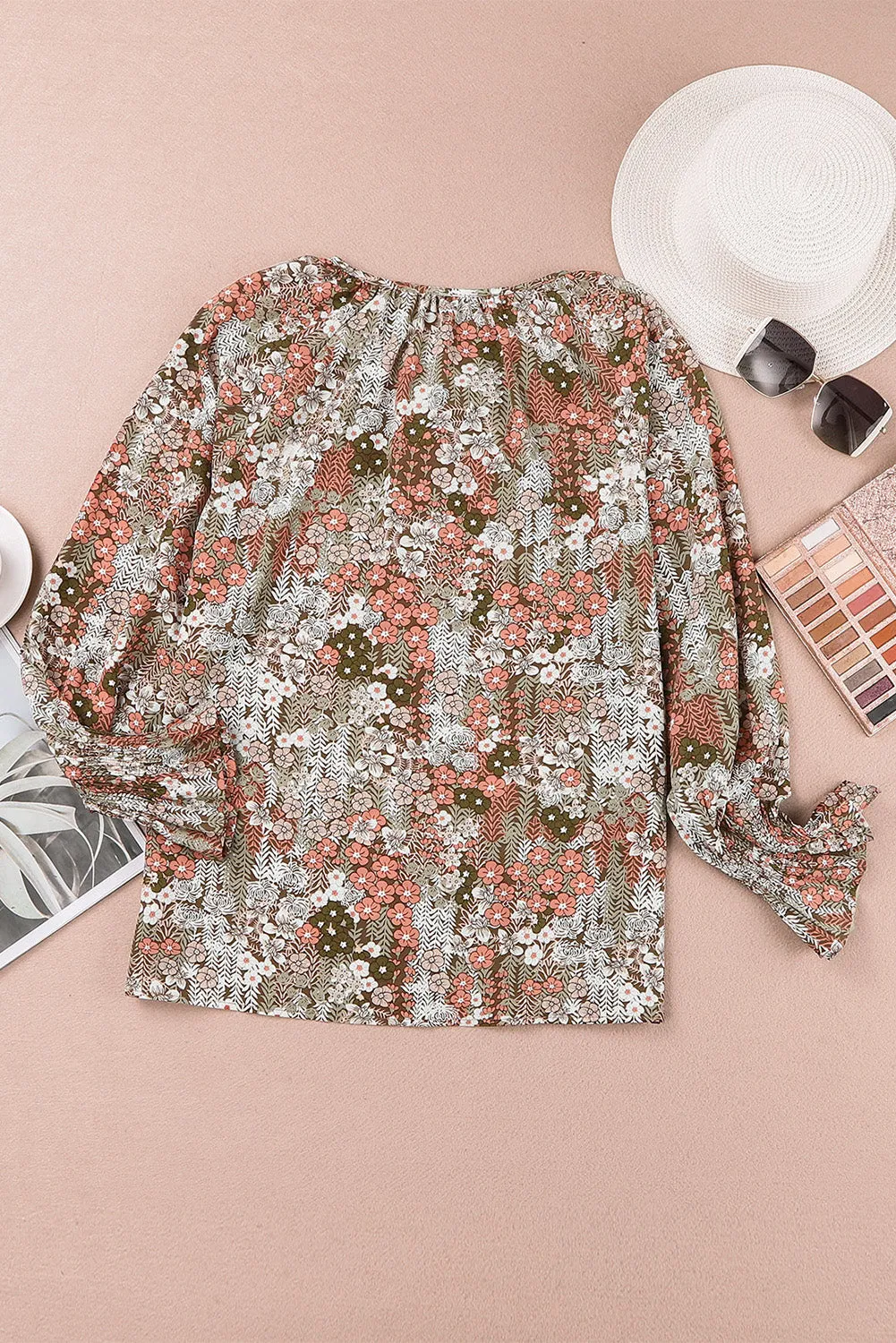 Floral Print Tie V Neck Button Up Blouse