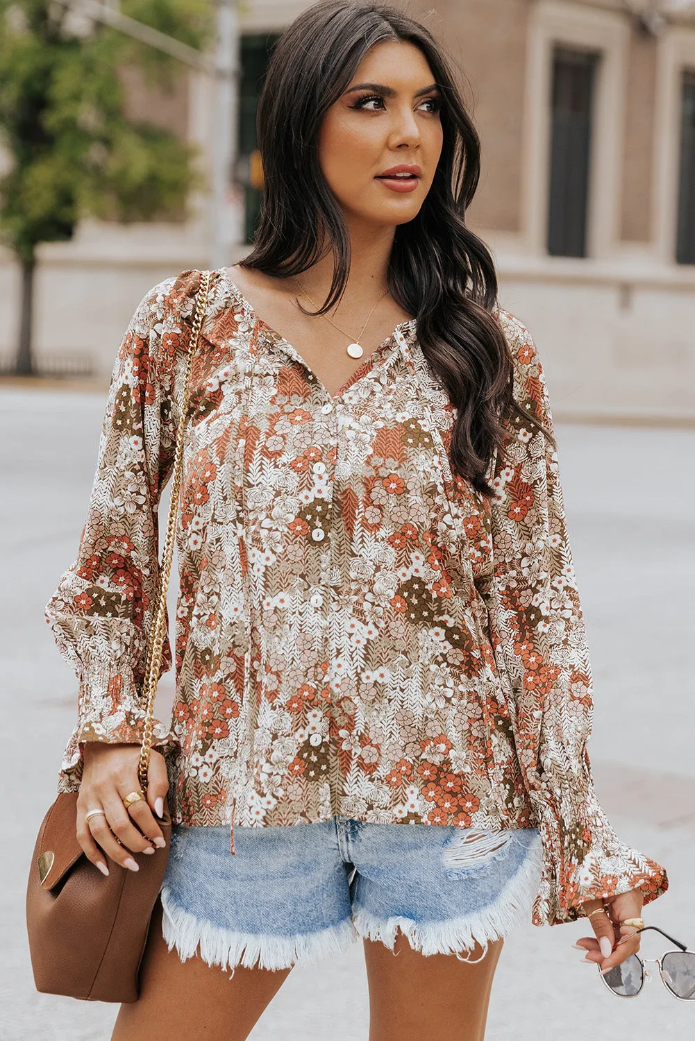 Floral Print Tie V Neck Button Up Blouse