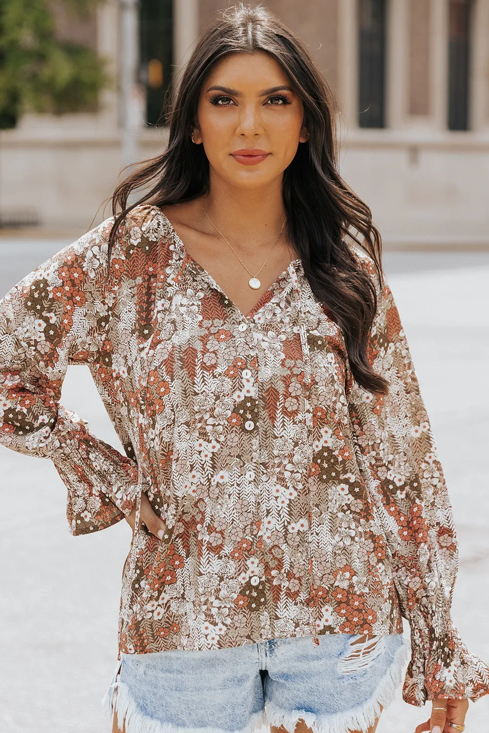 Floral Print Tie V Neck Button Up Blouse