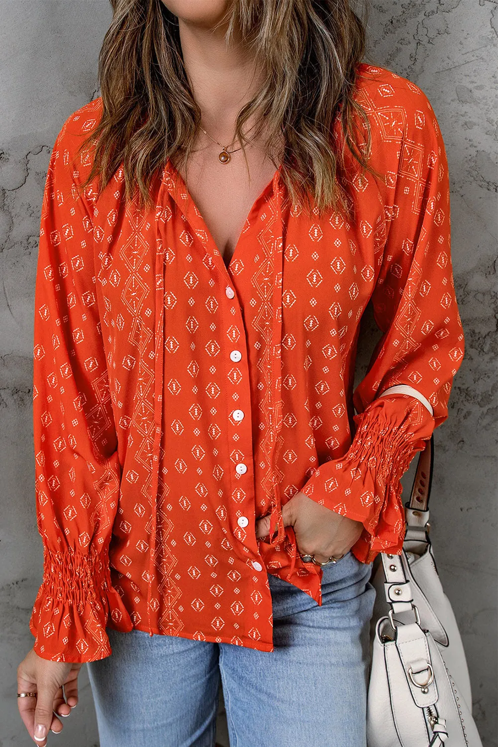 Floral Print Tie V Neck Button Up Blouse
