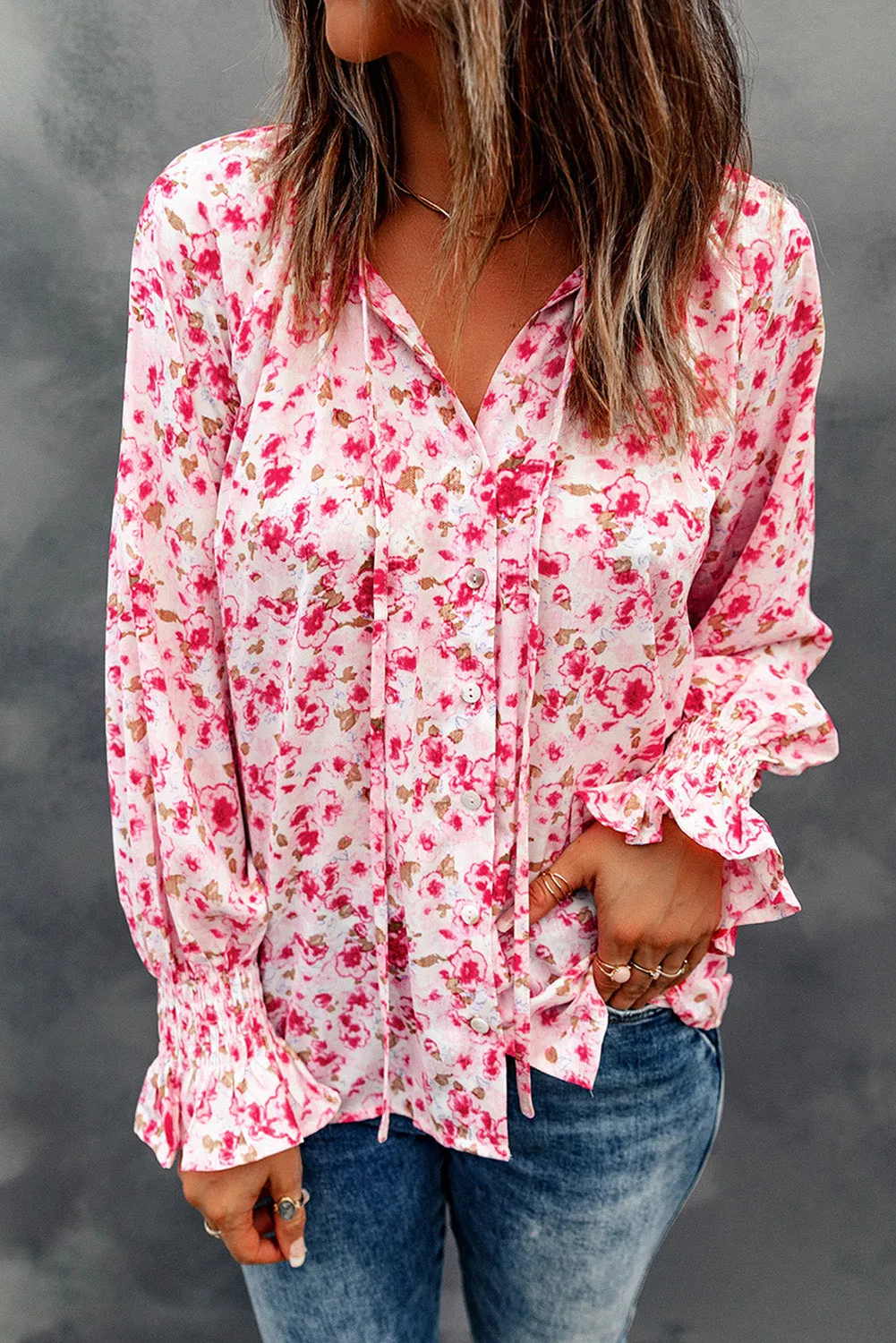 Floral Print Tie V Neck Button Up Blouse