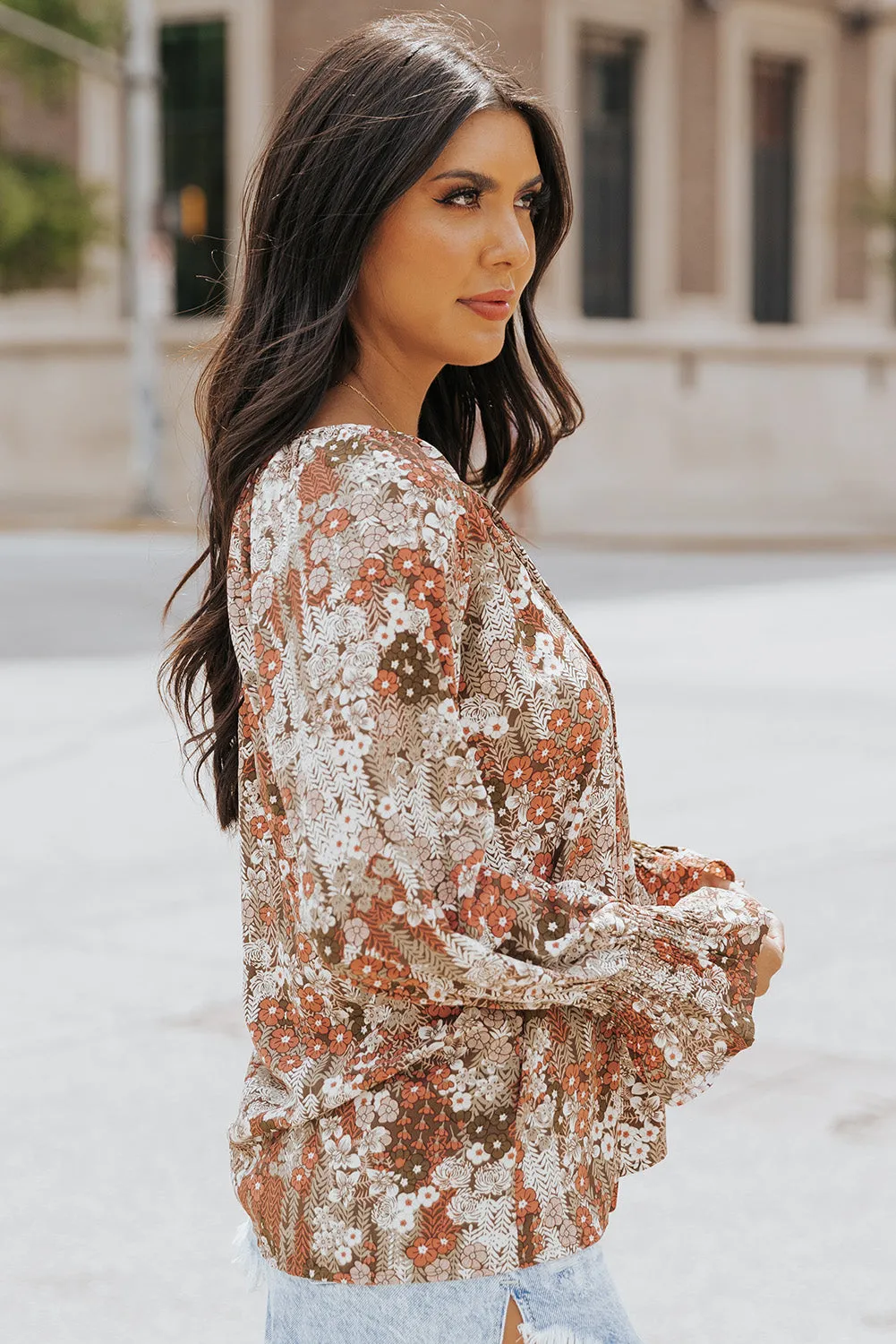 Floral Print Tie V Neck Button Up Blouse