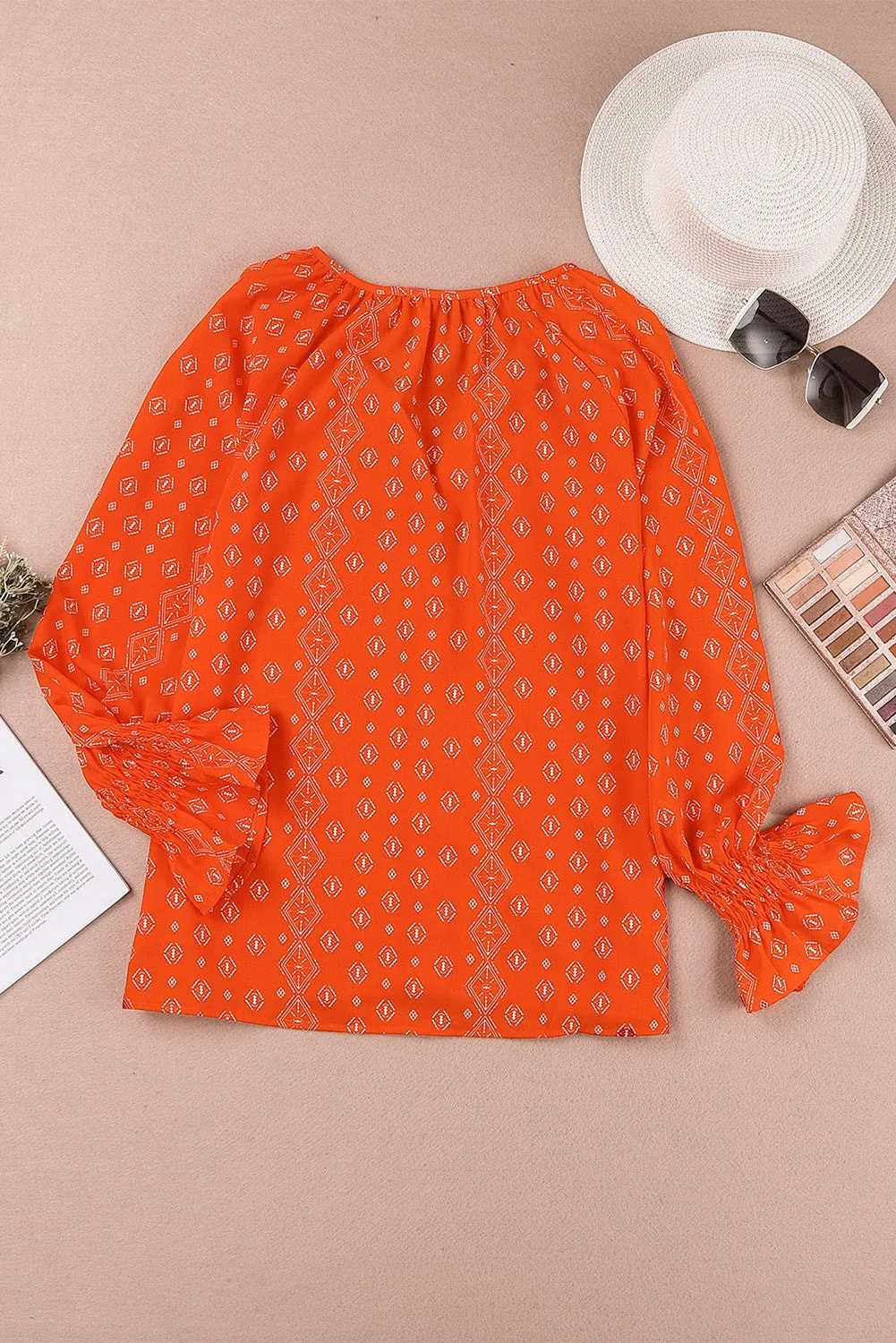 Floral Print Tie V Neck Button Up Blouse
