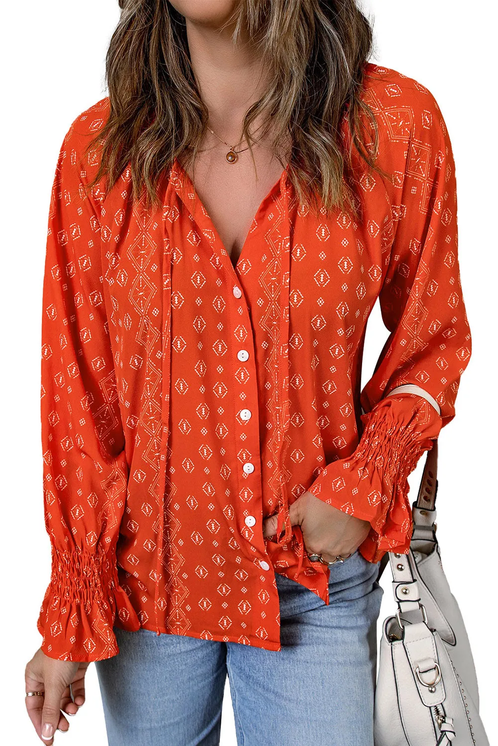 Floral Print Tie V Neck Button Up Blouse