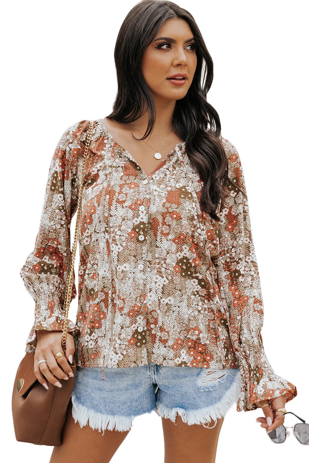 Floral Print Tie V Neck Button Up Blouse