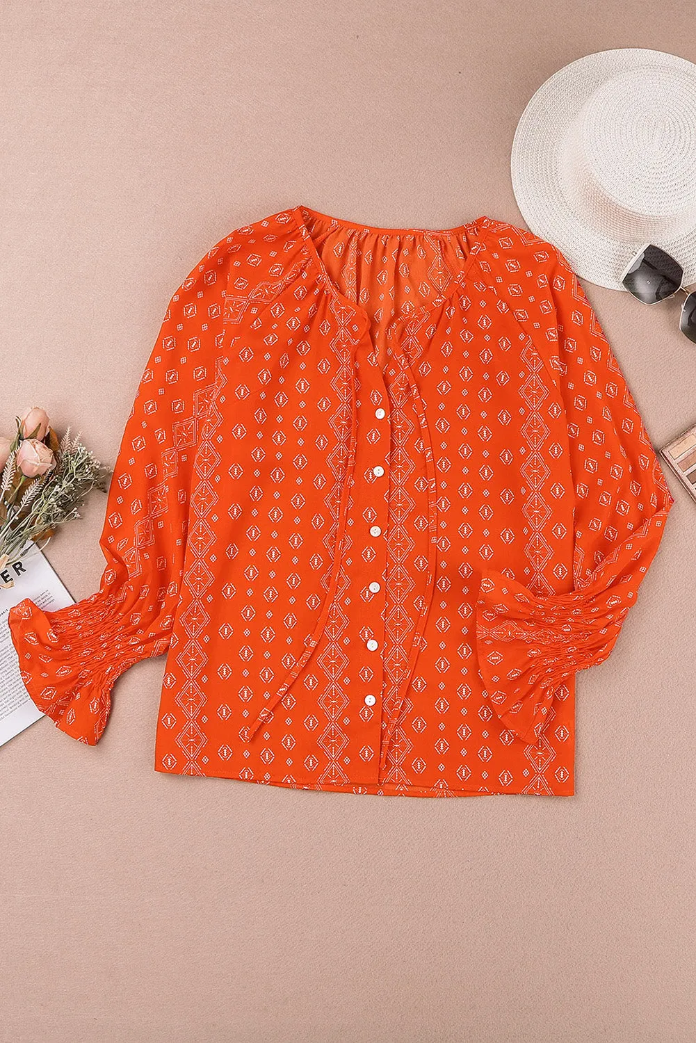 Floral Print Tie V Neck Button Up Blouse