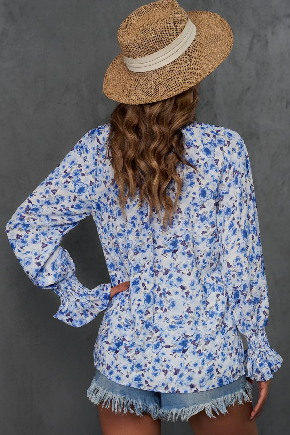 Floral Print Tie V Neck Button Up Blouse