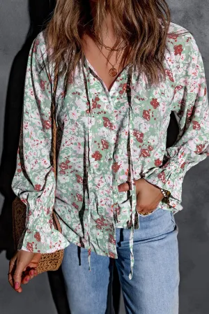 Floral Print Tie V Neck Button Up Blouse