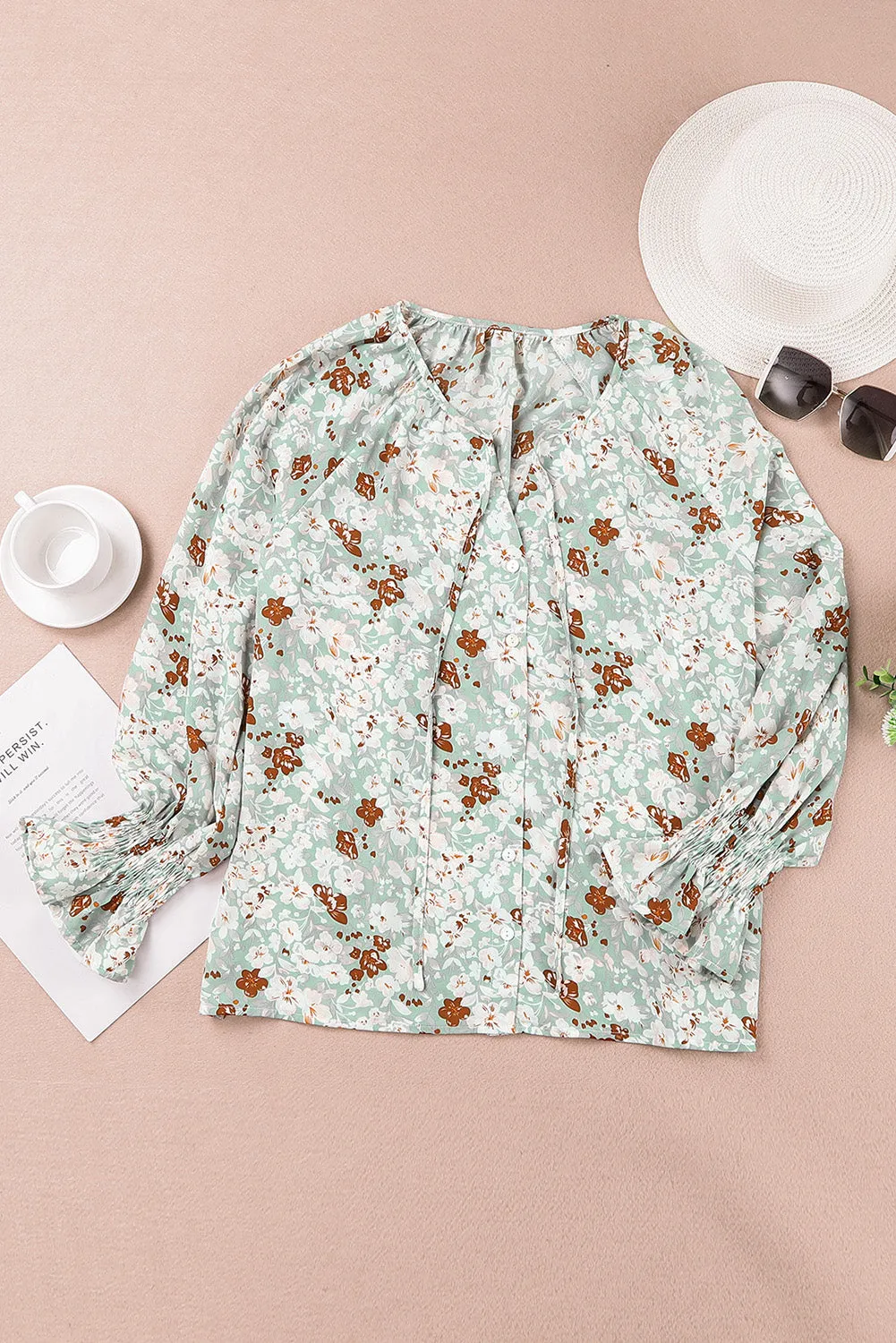 Floral Print Tie V Neck Button Up Blouse