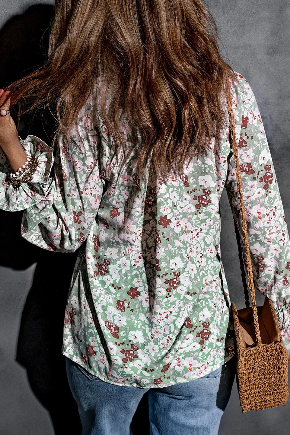 Floral Print Tie V Neck Button Up Blouse