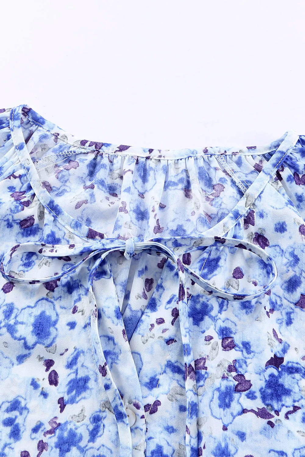 Floral Print Tie V Neck Button Up Blouse