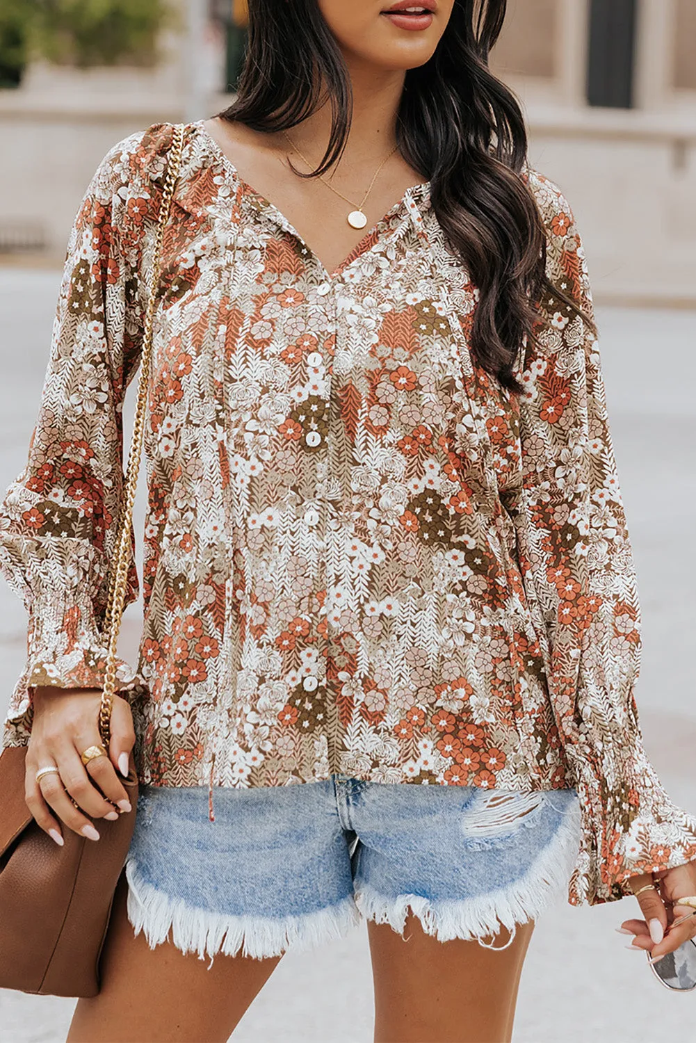 Floral Print Tie V Neck Button Up Blouse