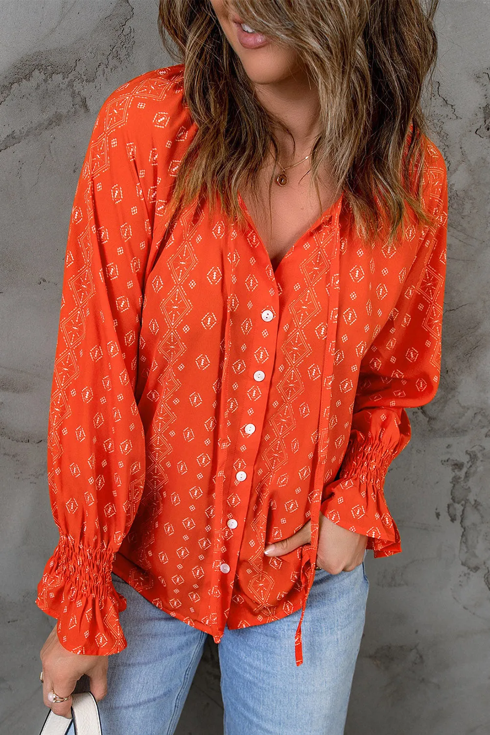 Floral Print Tie V Neck Button Up Blouse