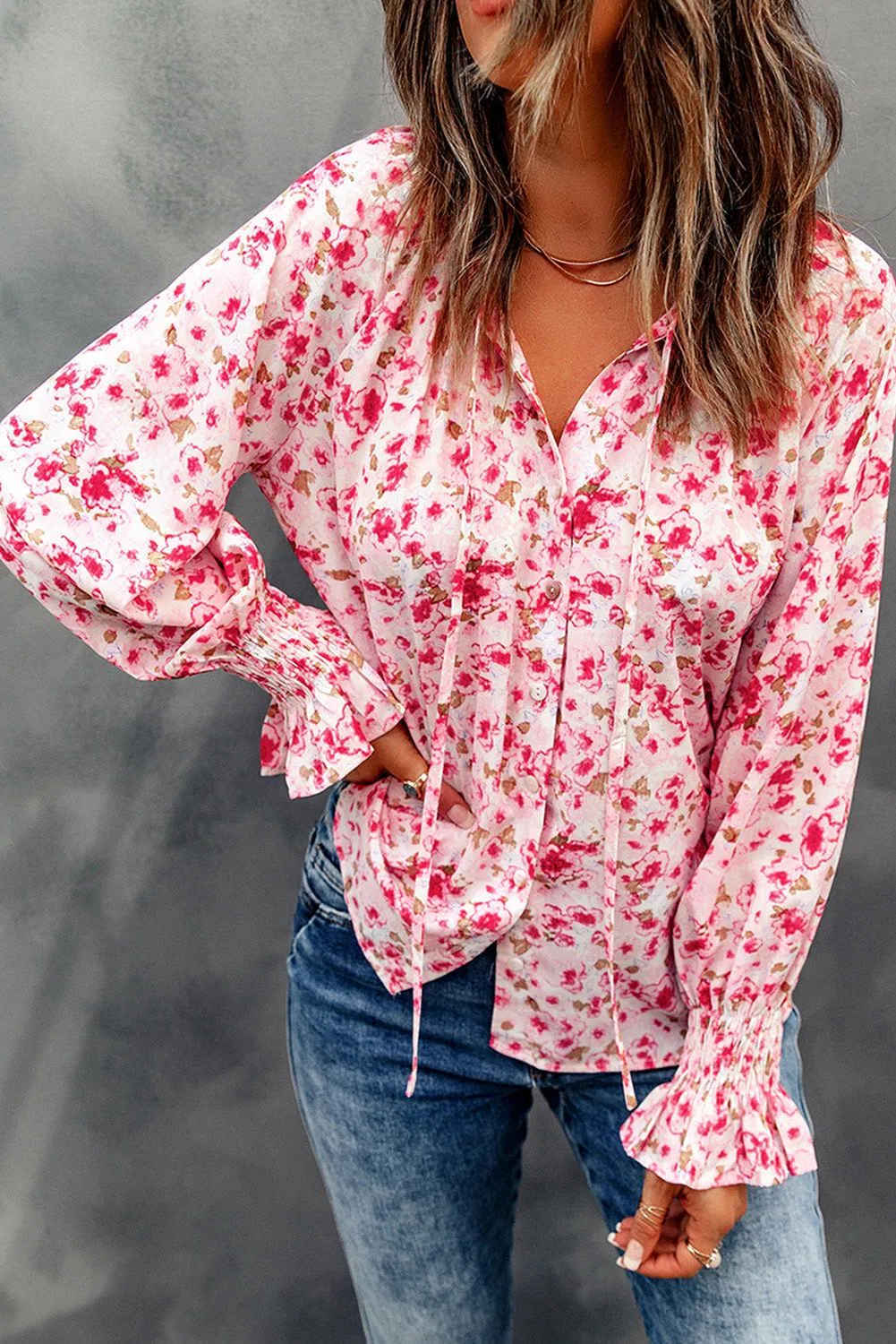 Floral Print Tie V Neck Button Up Blouse