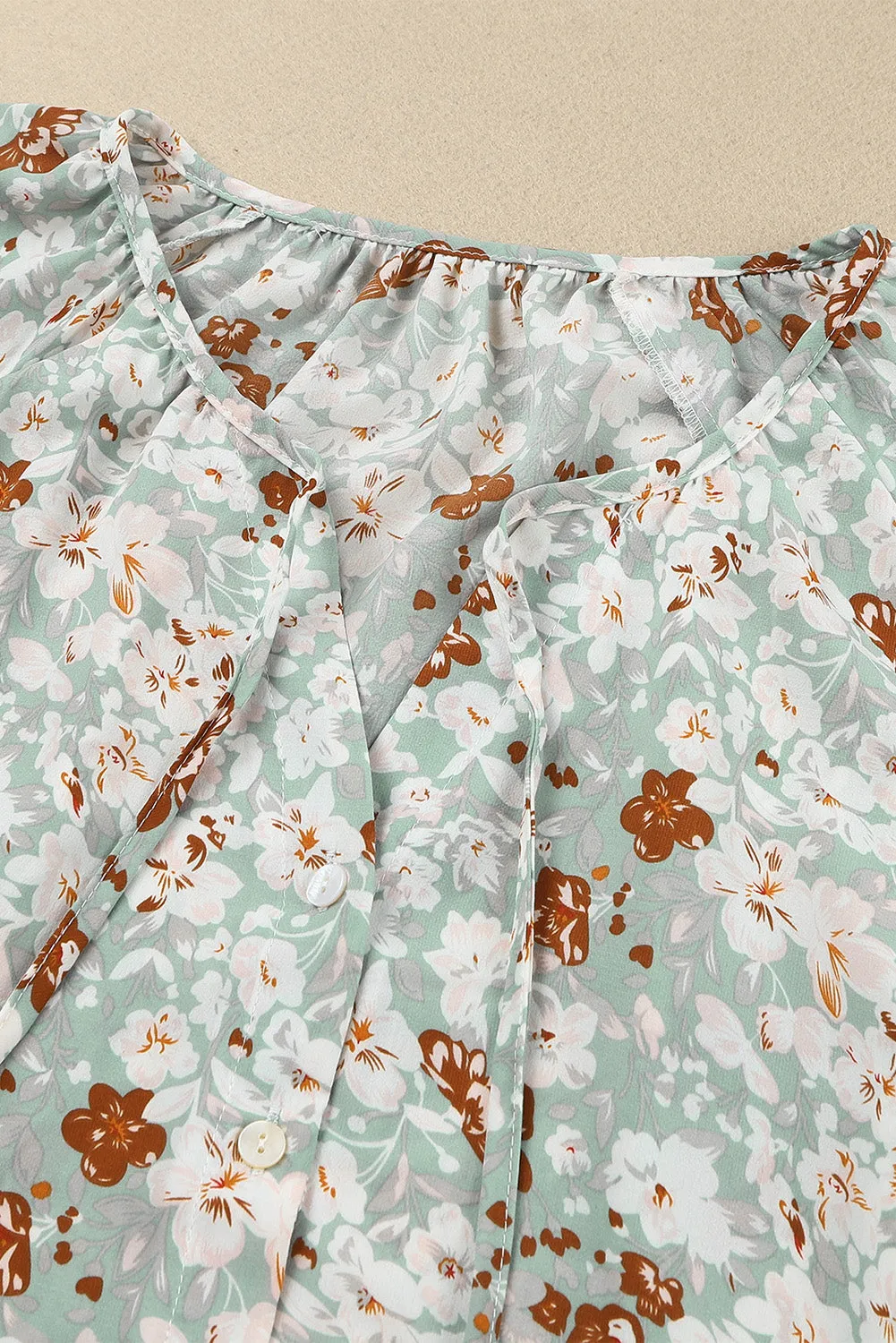 Floral Print Tie V Neck Button Up Blouse