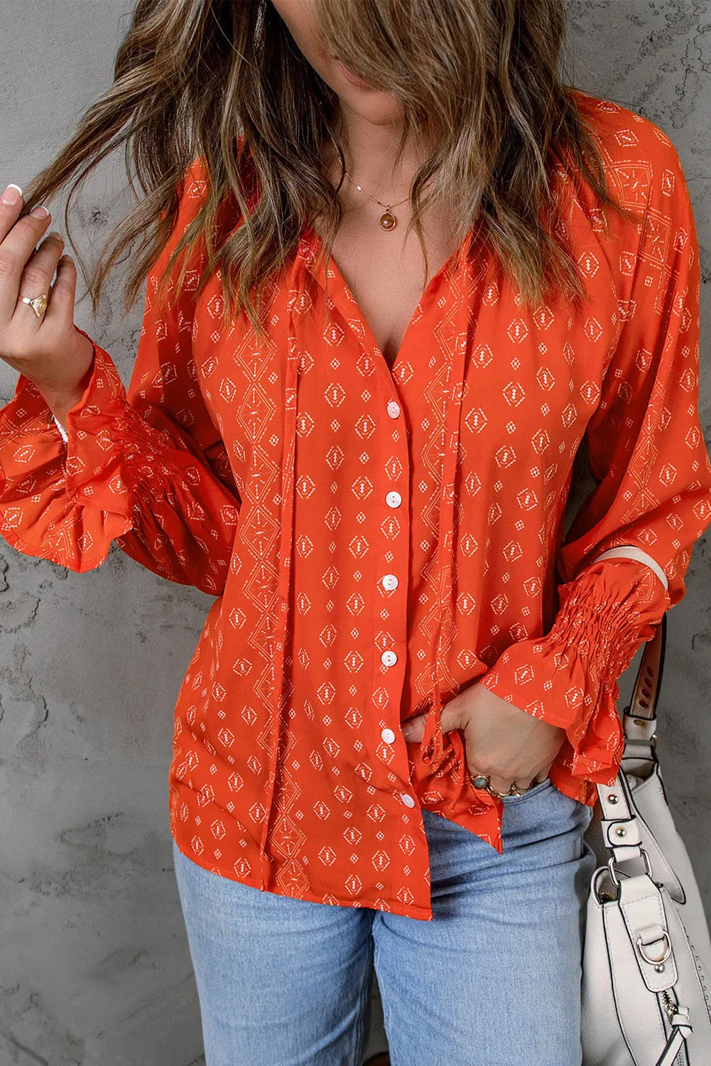Floral Print Tie V Neck Button Up Blouse