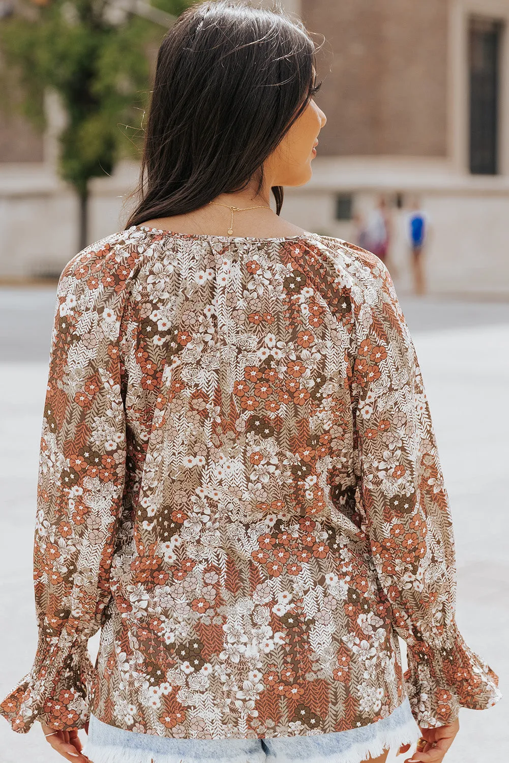 Floral Print Tie V Neck Button Up Blouse