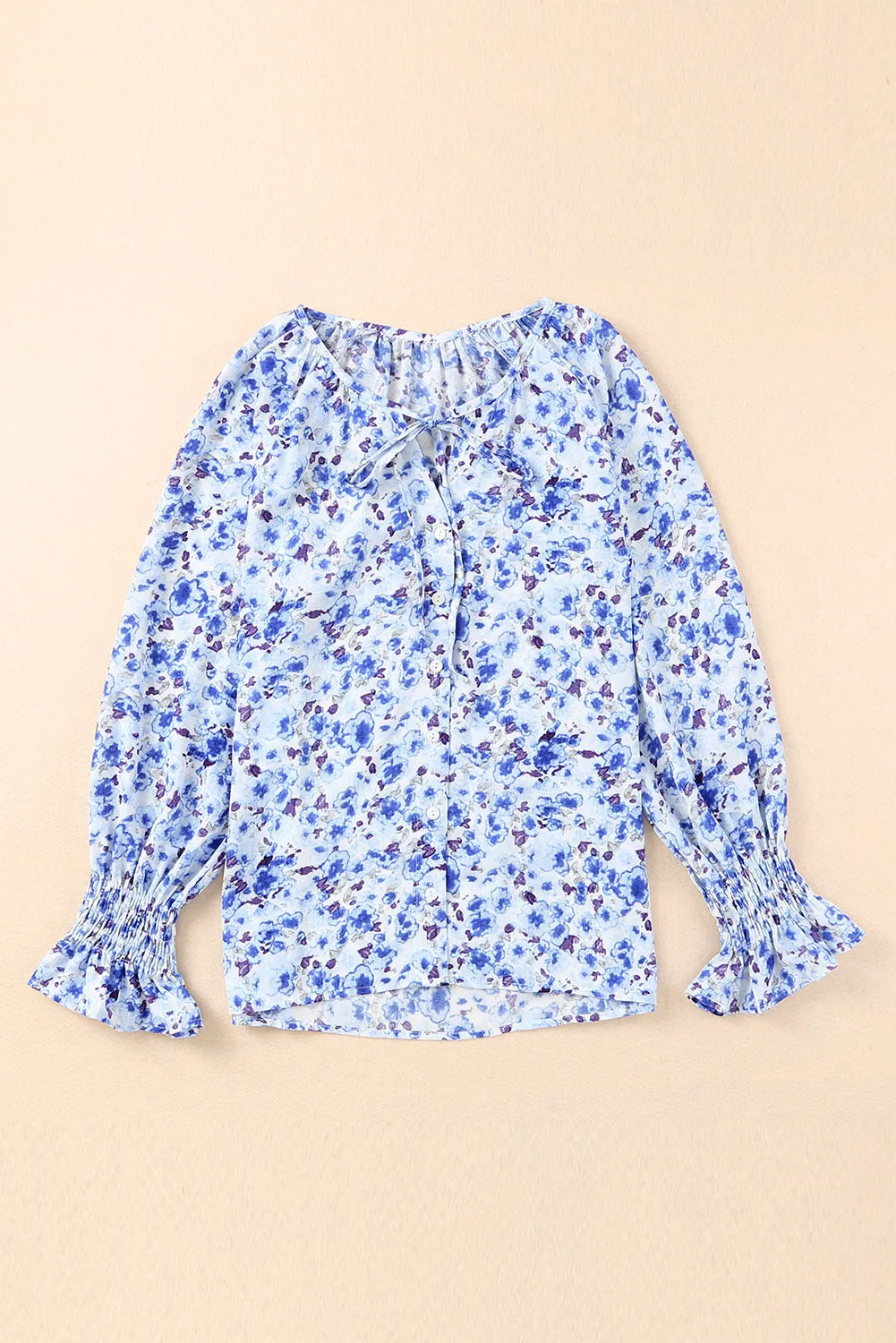 Floral Print Tie V Neck Button Up Blouse