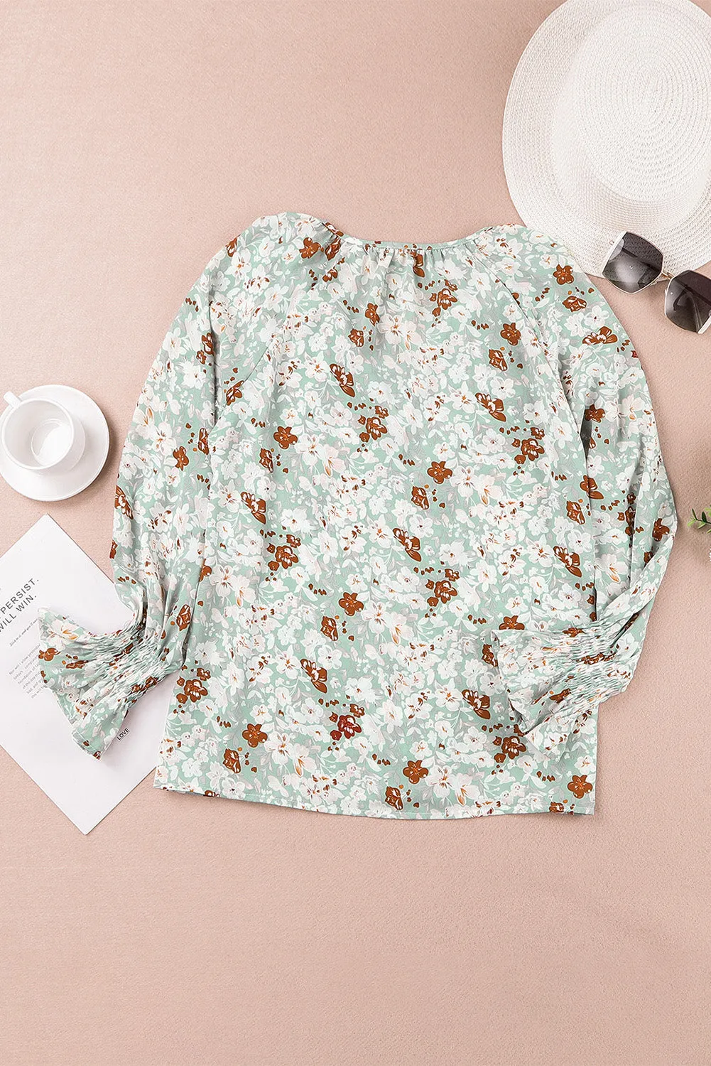 Floral Print Tie V Neck Button Up Blouse