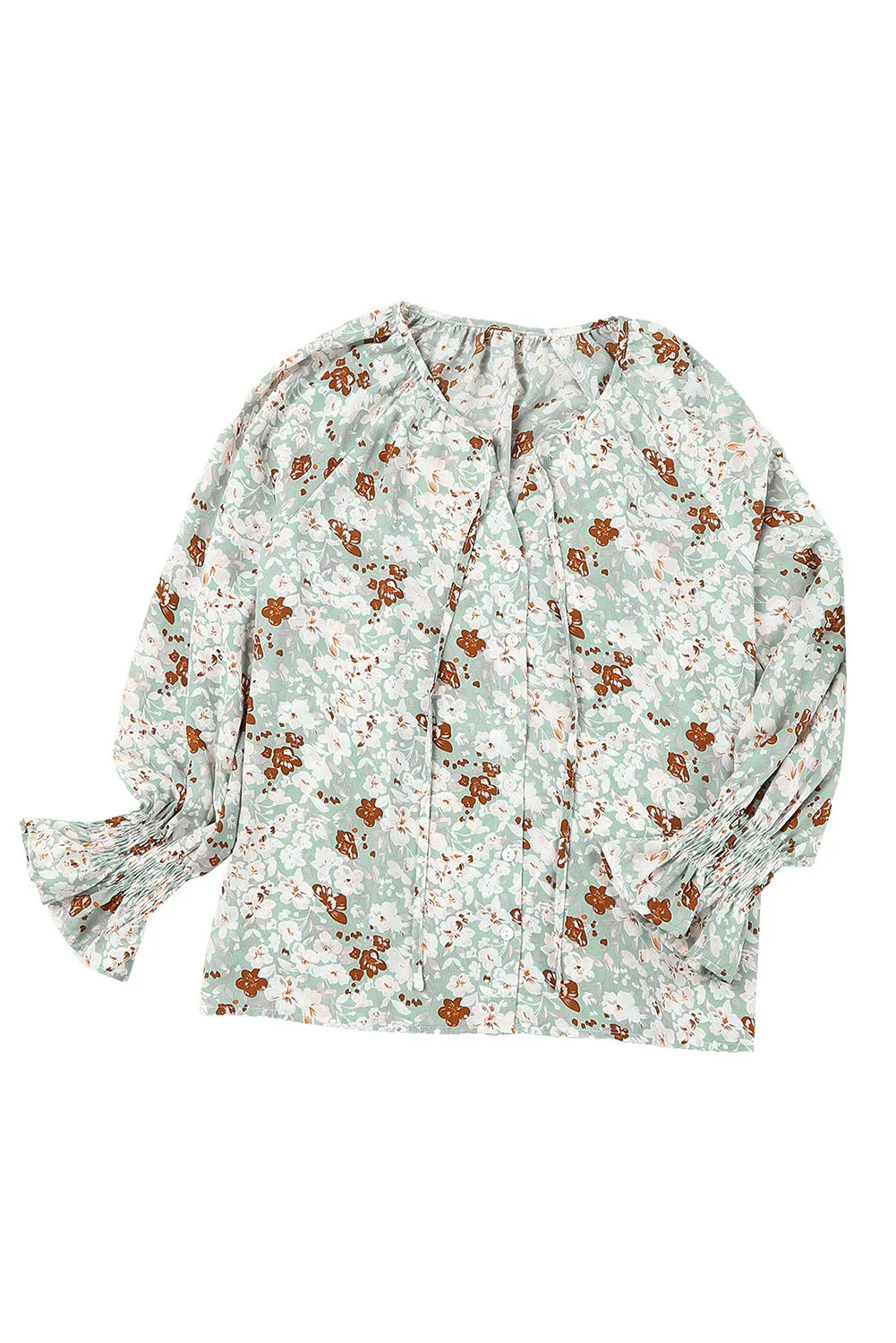 Floral Print Tie V Neck Button Up Blouse